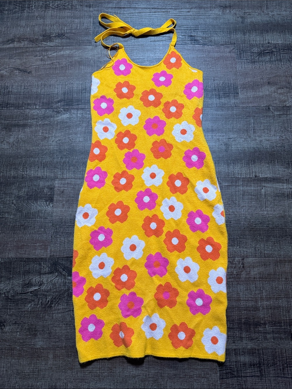 Yellow Floral Halter Knit Midi Dress